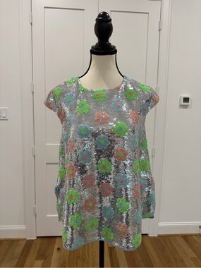 Odeeh Floral Sequin Tunic Top | Silver Sequin Oversized Statement Top